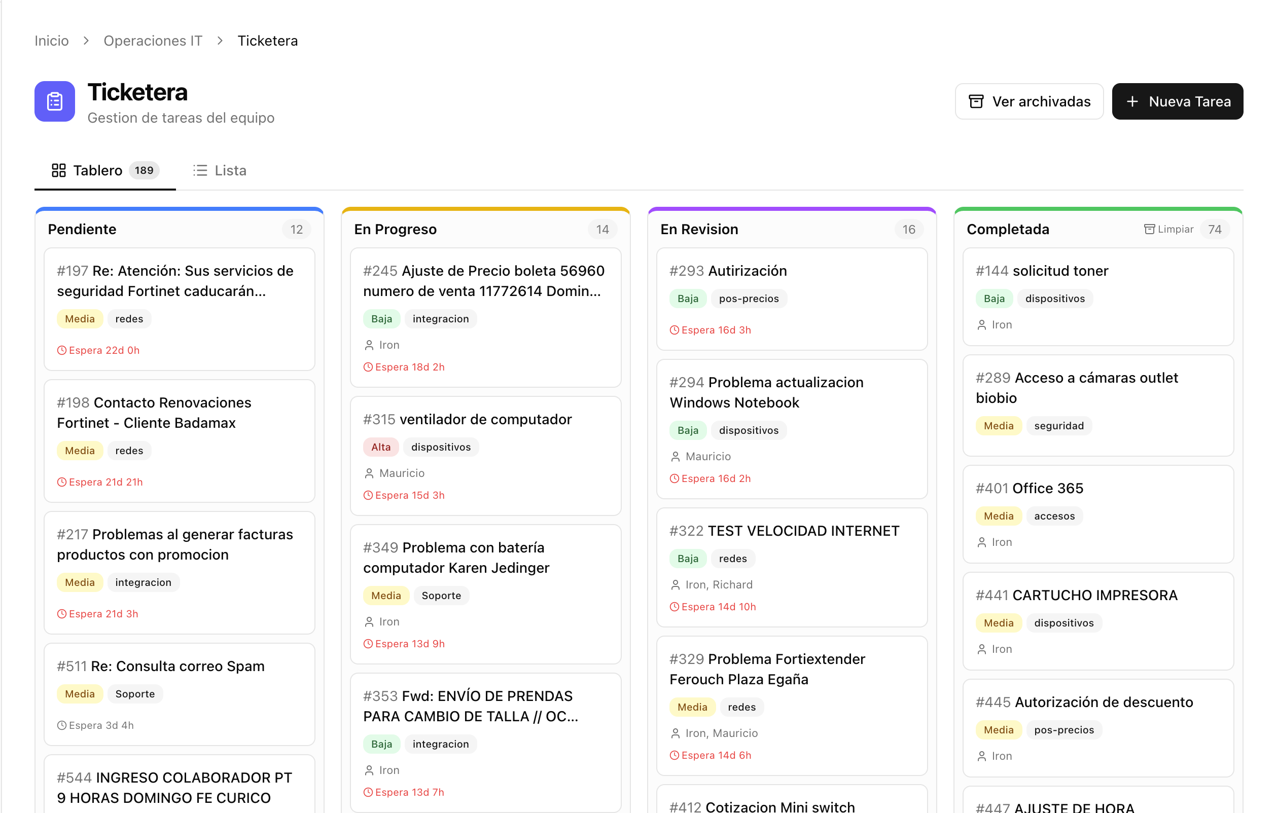 Tablero kanban de la Ticketera con columnas Pendiente, En Progreso, En Revisión y Completada